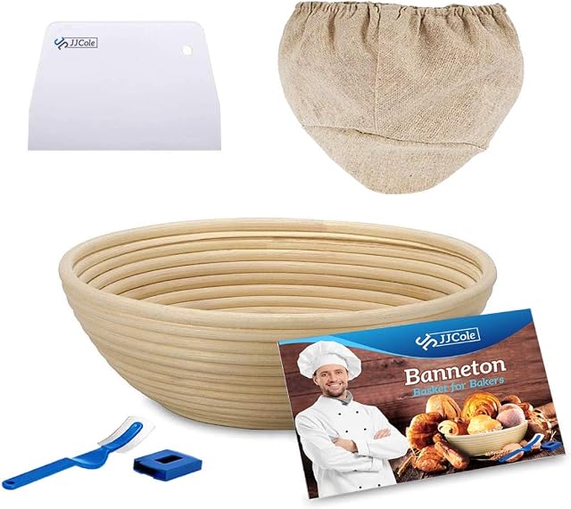 10 inch Round Bread Proofing Basket set. Large Banneton Basket with Natural Rattan for dough Proofing. For Professional Home Bakers (with Cloth Liner, Dough Scraper, Bread Lame, Starter Recipe Set)
