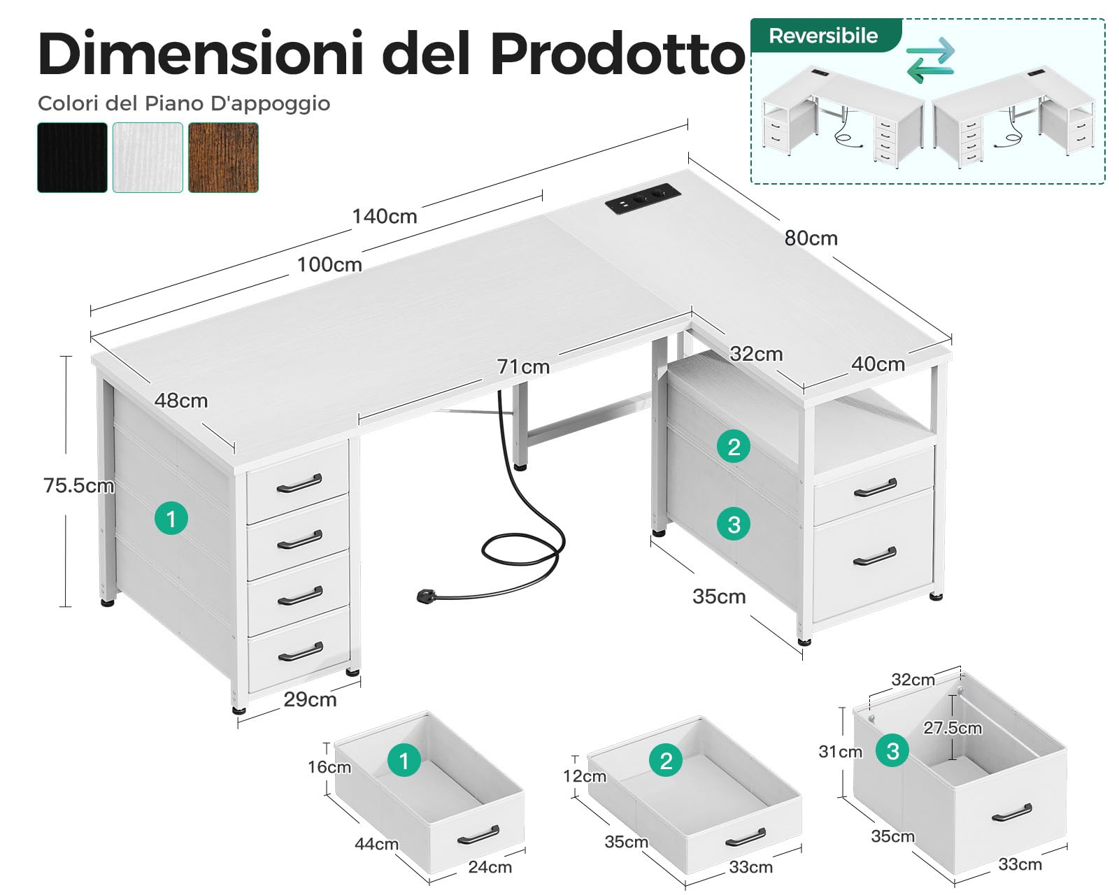Coleshome Scrivania Angolare con Tessuto Cassetti, 140x80cm Reversibile Scrivania a l con Cassetto Portadocumenti, Scrivania per Computer con Porta di Ricarica USB e Presa di Corrente, Bianco