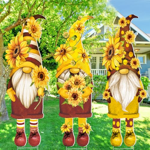 Beeveer 3 Pcs Summer Sunflower Yard Sign with Stake Sunflower Gnome Outdoor Lawn Decorations Waterproof Welcome Spring Summer Party Yard Signs for Home Garden Pathway Supplies