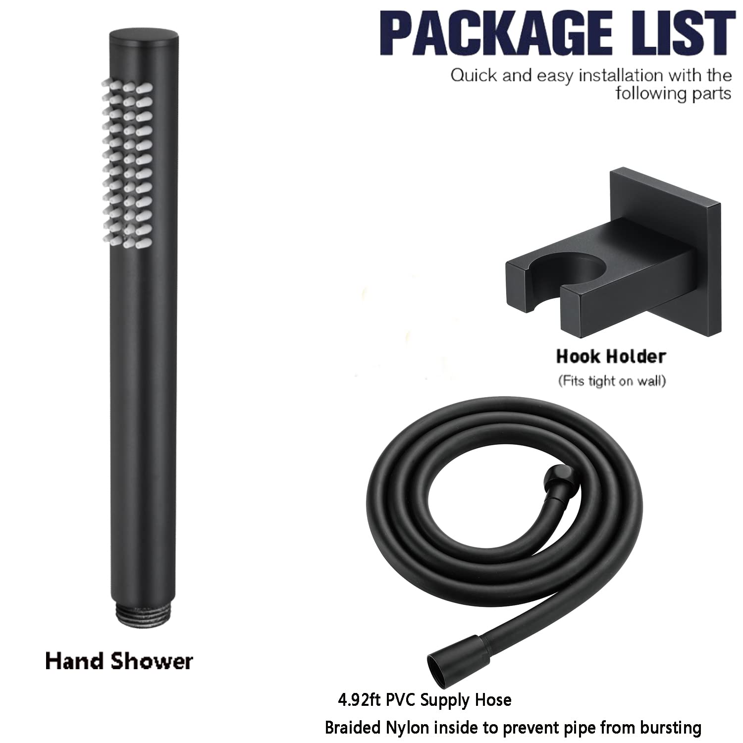 Soffione Doccia Nero Universale in Ottone per Vasca da Bagno, doccetta Portatile ad Alta Pressione, Funzione Singola, doccetta Portatile