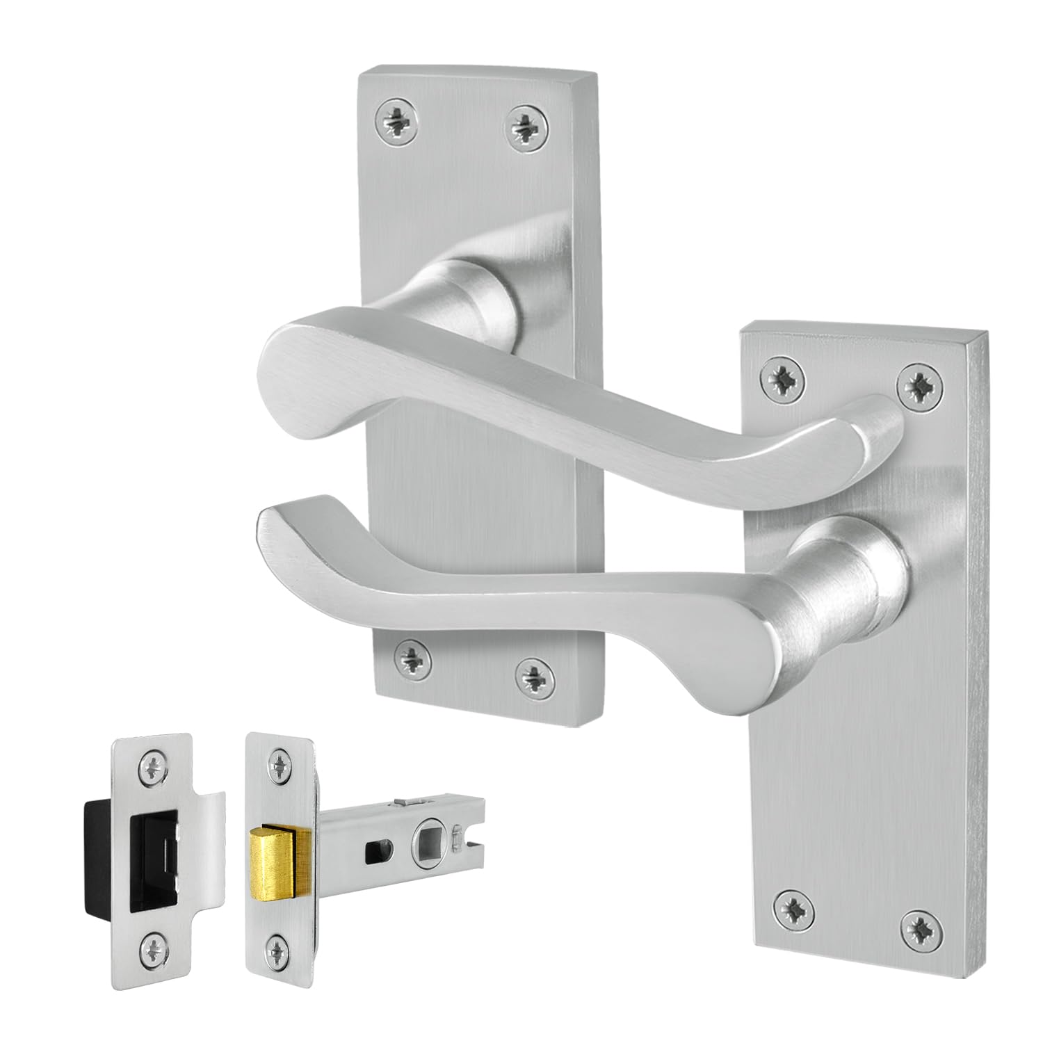 EAI Satin Chrome Door Handles with Latch 64mm - Victorian Scroll