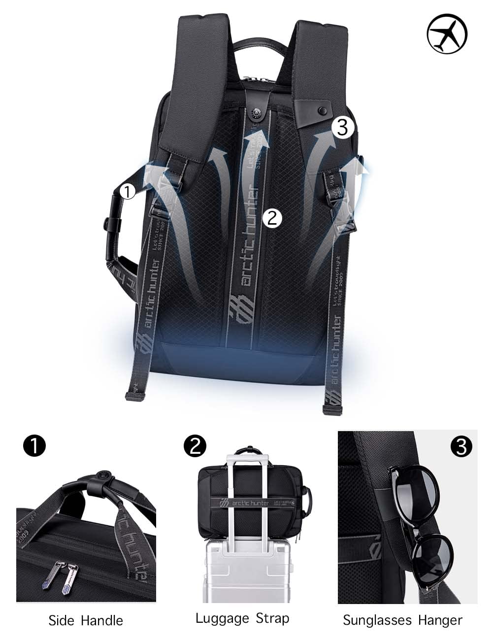 Arctic Hunter, Zaino da Viaggio e Lavoro Uomo e Donna 18 L Espandibile, Resistente all'Acqua, Scomparto Laptop da 15,6", Fascia per Trolley, Custodia Accessori Inclusa, 44x29,5x14 cm, Nero