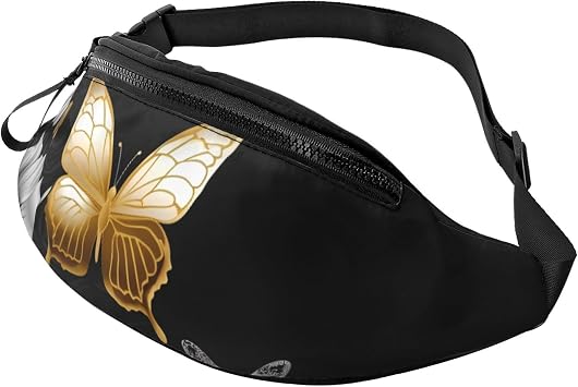 Fanny Packs Gold White Butterflies Black Waist Pack for Women Men Sling Bag with Adjustable Strap Everywhere Belt Bags