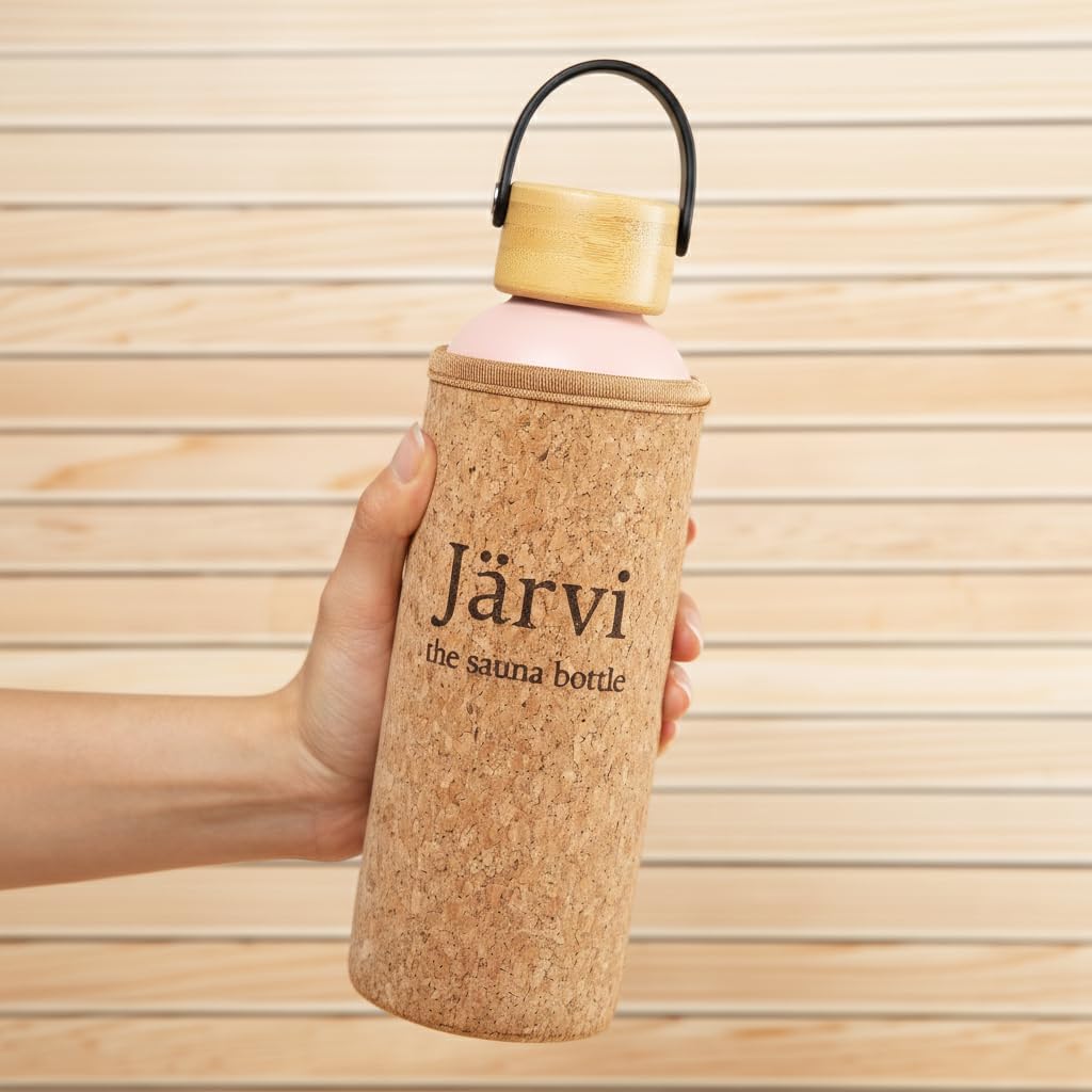 Jarvi The Sauna Bottle - 18 oz / 550ml Icy Cold Water & Cool to Touch even in Hot Saunas - Natural Cork x Neoprene Outer Layer - Double Wall Insulated Steel Bottle (Pastel Pink, Medium)