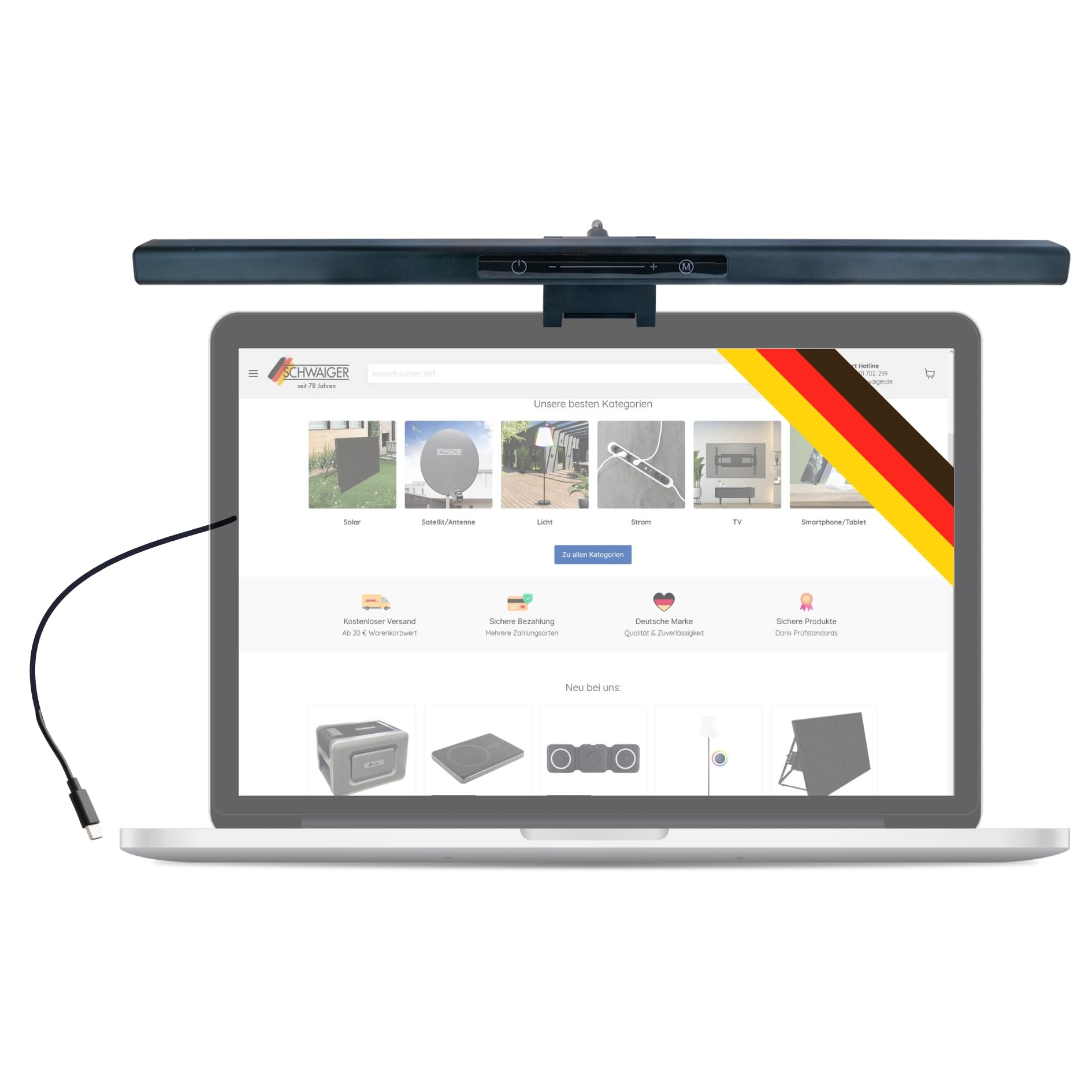 SCHWAIGER 659931 Lampe LED pour moniteur Capteur tactile intégré Lampe de bureau Screenbar Lumière du moniteur à intensité variable Connexion USB