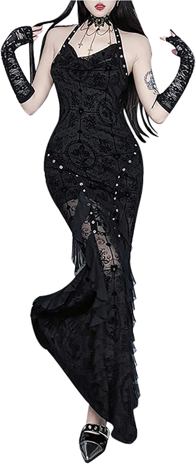 DINGJIUYAN Gothic Maxi Fishtail Dresses for Women Halter Neck Backless Sleeveless Printing Slim Fit Long Dress