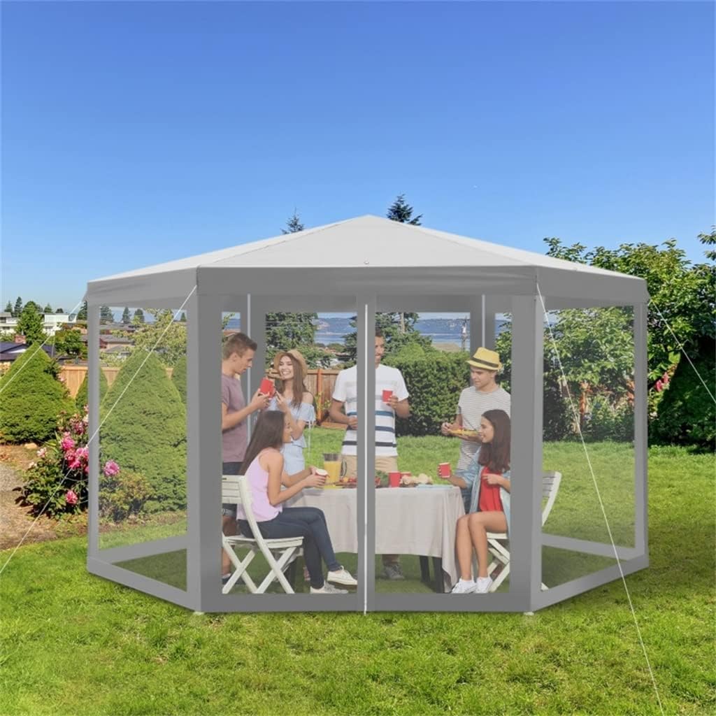 Party Tent Gazebo Hexagon Patio Outdoor Party Activities Waterproof with Mesh Walls Beige