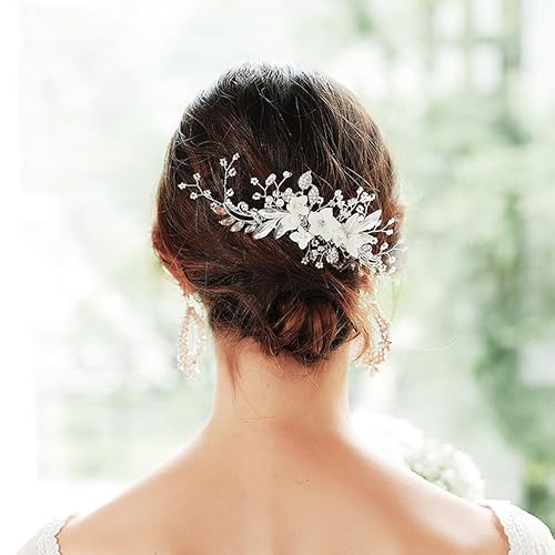 Miniatura 5 de Peine de pelo de novia de flores plateadas, perlas de cristal con diamantes de imitación, piezas de pelo de boda, piezas decorativas de flores para