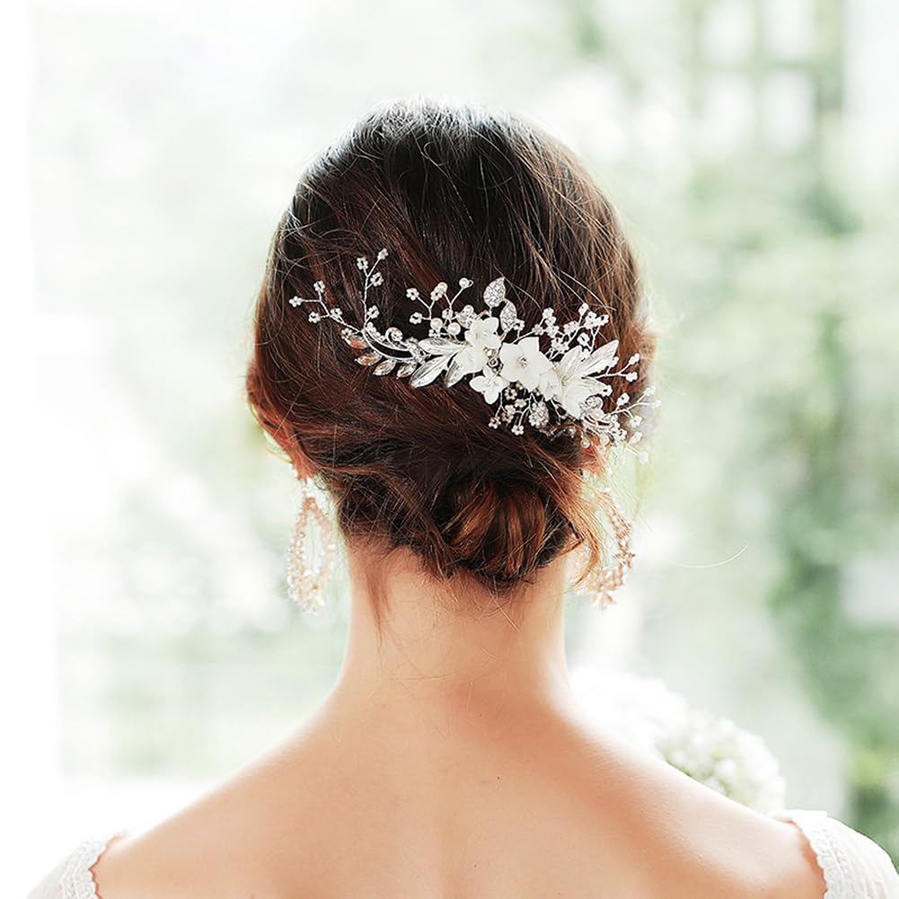 Amazon.com : Silver Flower Bridal Hair Comb Pearl Crystal 
