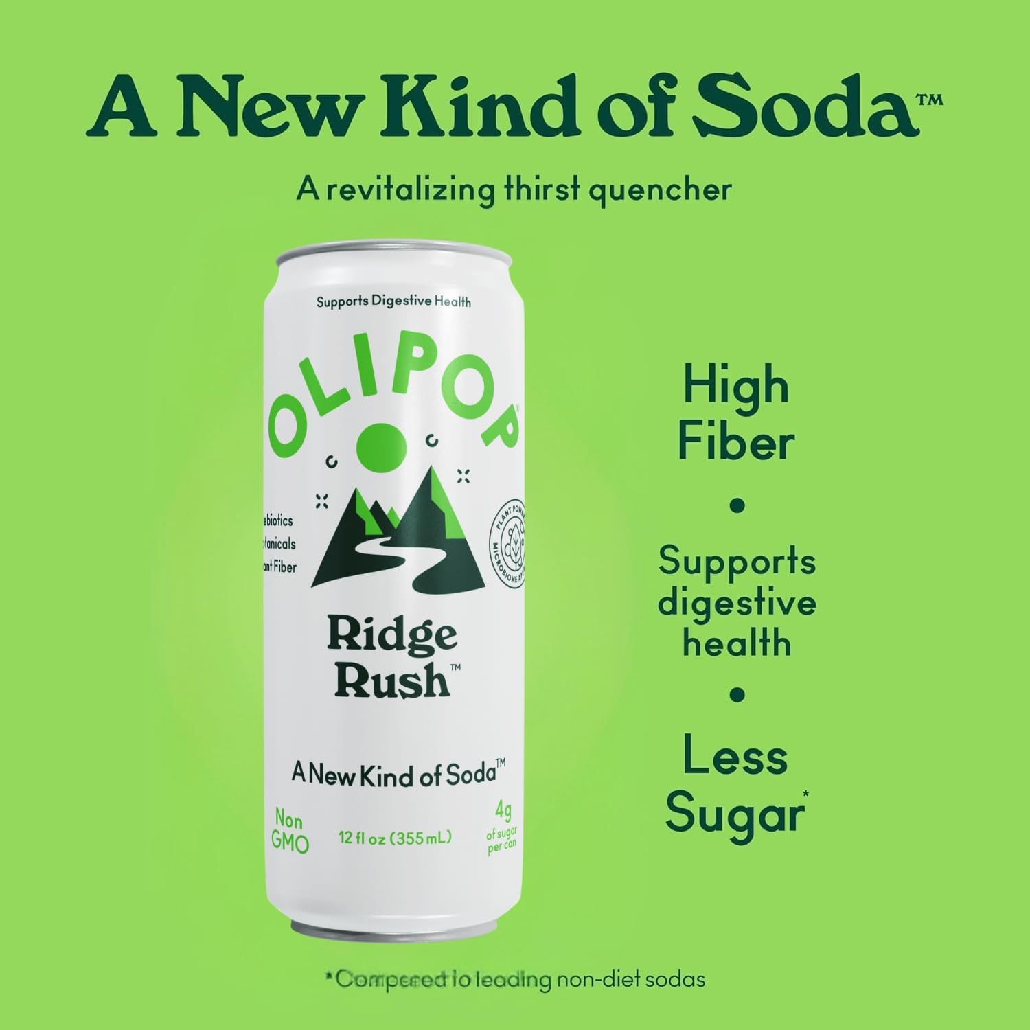 OLIPOP Sparkling Prebiotic Soda, Ridge Rush, Pantry Pack Packed with Prebiotics, Fiber, and Botanicals, Gluten Free, GMO Free, 12oz Skinny Can (12 Pack)