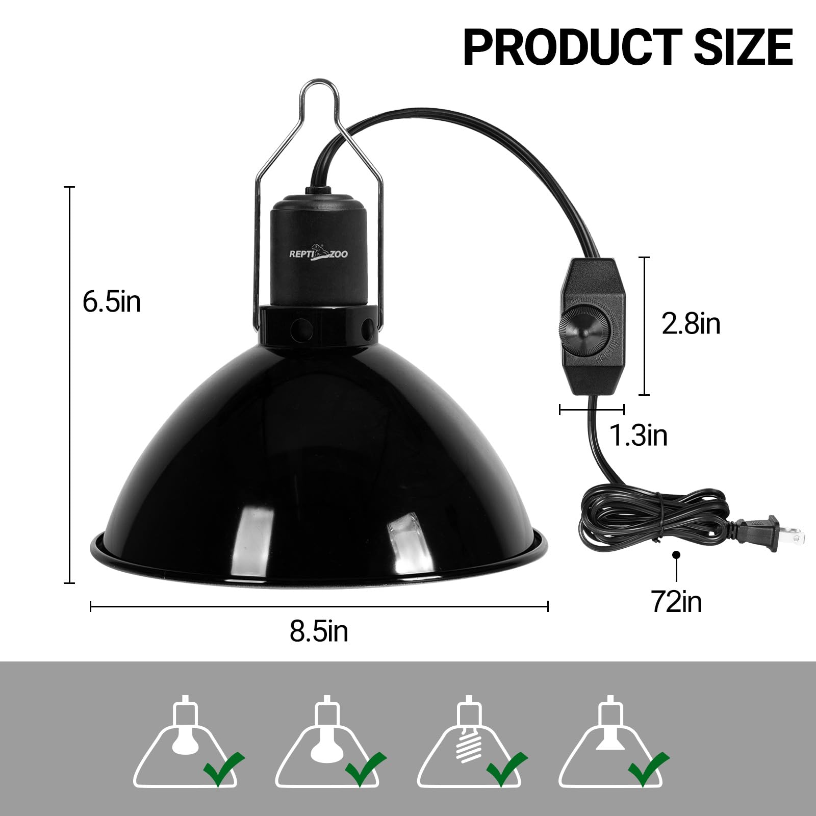 REPTI ZOO Upgrade Reptile Light Fixture with Dimming,8.5 inch Deep Dome Lamp Fixture for Reptile Tank Terrarium, Reptile Heat Lamp Fixture for UVB UVA Bulb Basking Heat Bulb - image 2