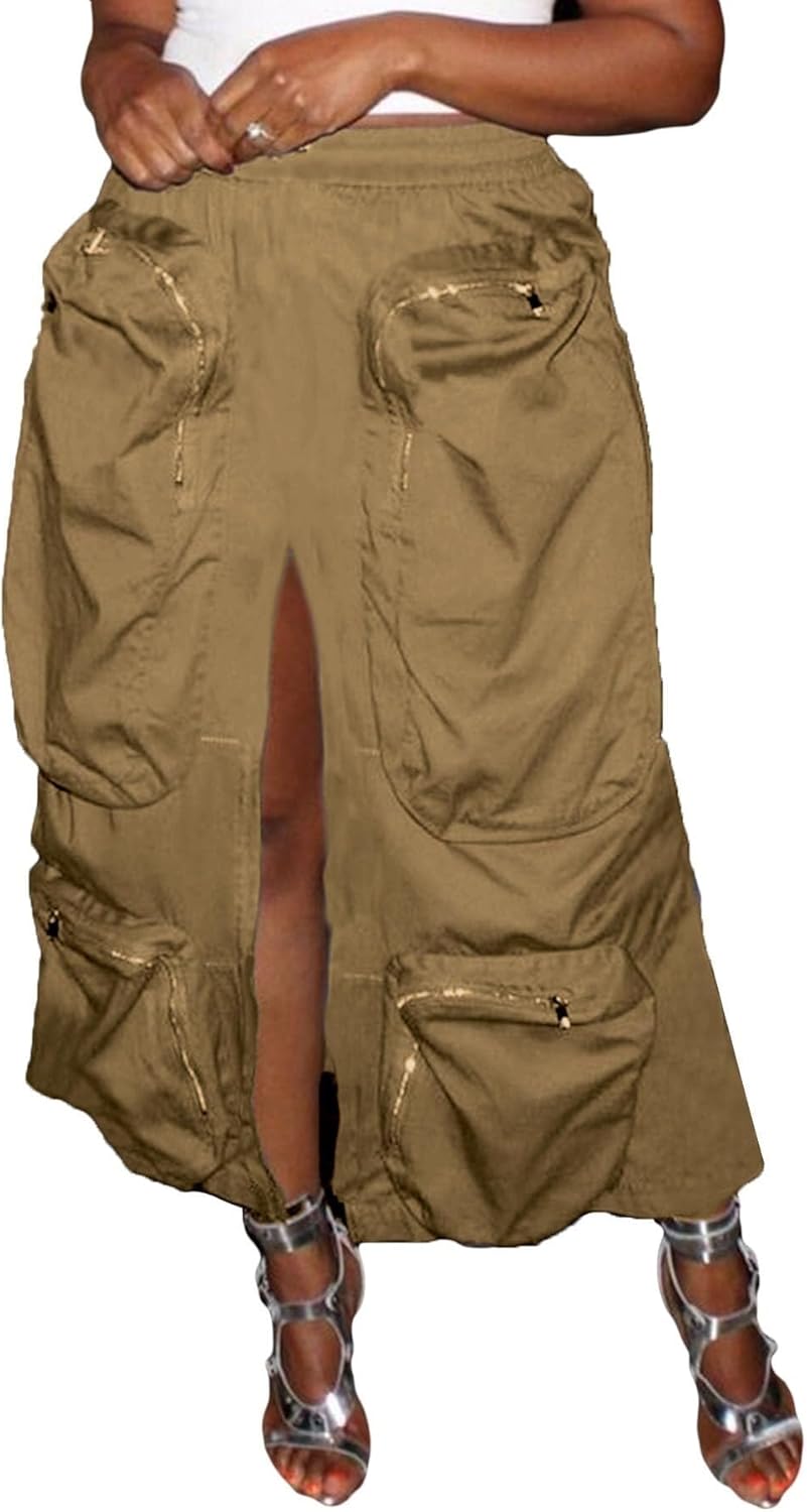 Women's High Waist Cargo Maxi Skirt with Zipper Front Split and Pockets