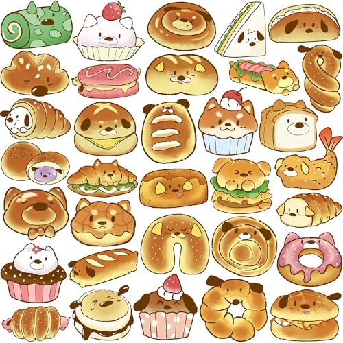 SUSIHI Cute Bread Dog Stickers, 50Pcs Kawaii Food & Animal Vinyl Waterproof Stickers for Laptop Water Bottle Journals Scrapbooks Gifts for Adults Teens
