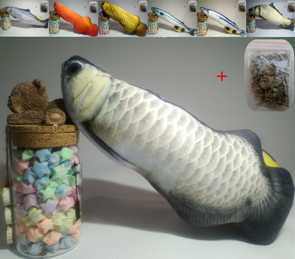 Maibar Catnip Toys Cat Fish Toys Cats Plush Toy Realistic Simulation CatMint Toys (40, Silver arowana)