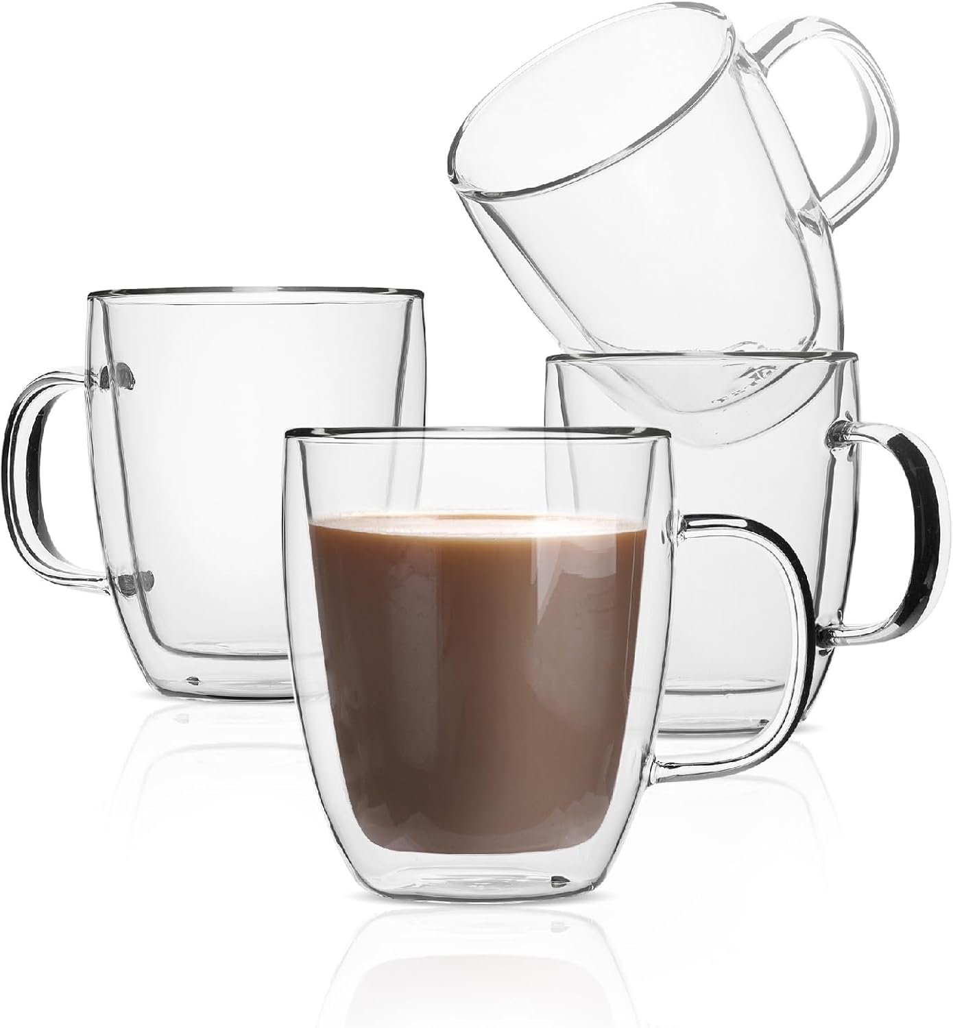 BTaT- Double Walled Glass Coffee Mugs, 16 oz, Set of 4, Glass Coffee Cups with Handle, Insulated Clear Coffee Mug for Hot and Cold Beverages, Cappuccino, Latte, Tea, Americano, Microwave Safe