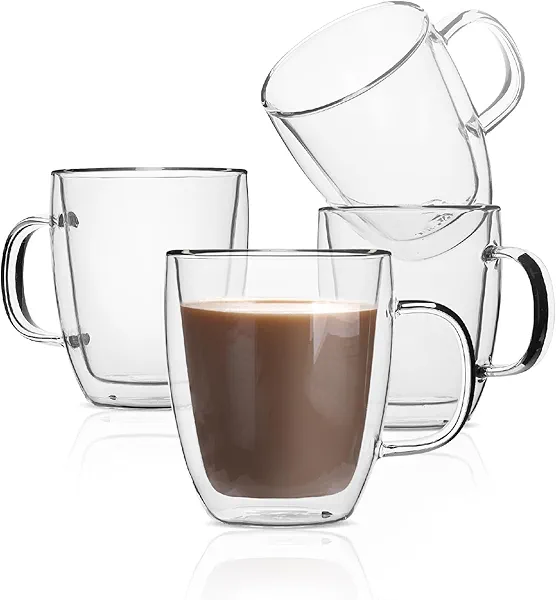BTaT- Stackable Insulated Coffee Mug, Coffee Glass, Large, Set of 4 (16oz, 500ml), Double Wall Glass Coffee Cups, Tea Cups, Latte Cups, Glass Coffee Mug, Christmas Gifts