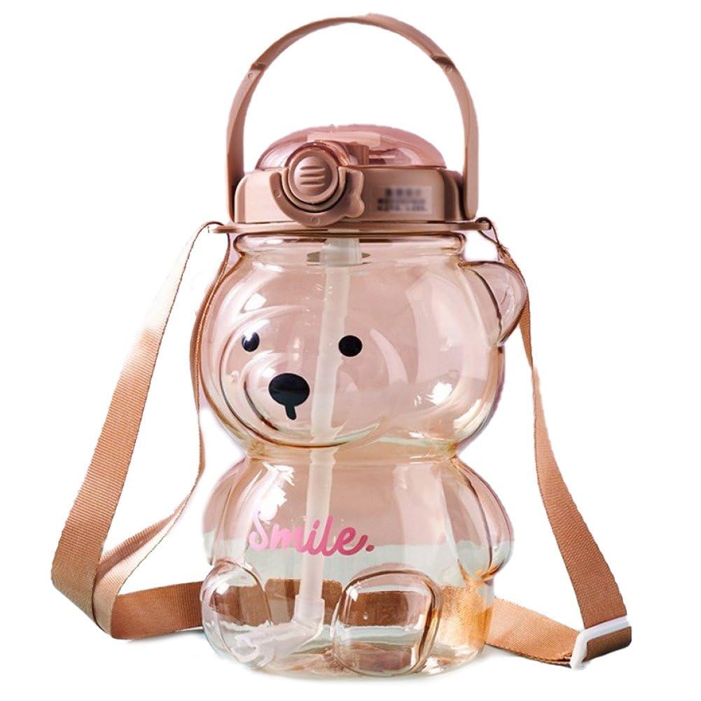 Abbdbd 1000ml Large Kawaii Bear Shaped Water Bottle with Straw and Strap Cute Portable Bear Drinks Bottle for Daily Sports Working