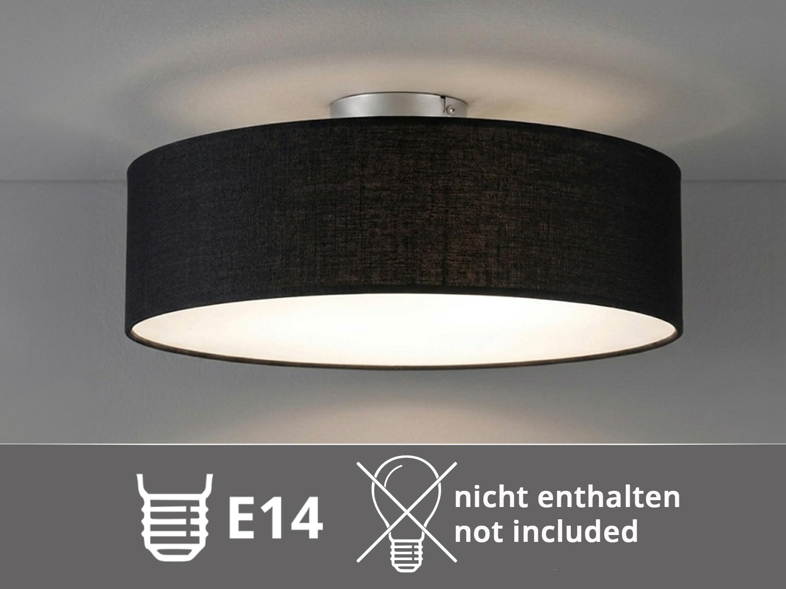 meineWunschleuchte Decken-Leuchte Stoff in Schwarz | Ø 40cm, 3x E14, Schirm rund, Satinierte Abdeckung, Blendfreies Licht, für Schlafzimmer & Wohnzimmer
