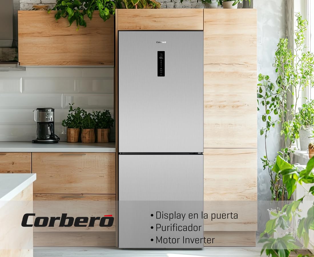 Corberó - Frigorífico Combi | CCT1857024NFXINV | No Frost | Inverter | 417 L | 185x70cm | Display Puerta | Cajón Crisper | Purificador | Luz LED | Inox