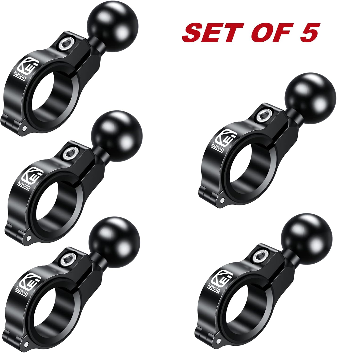 BRCOVAN 5 Pack, Aluminum Alloy Handlebar Mount Base with 1'' TPU Ball for Round Rail Diameter 0.5'' 0.87'' 1'' 1.125'' 1.26'', Compatible with RAM Mounts B Size 1 Inch Ball Double Socket Arm
