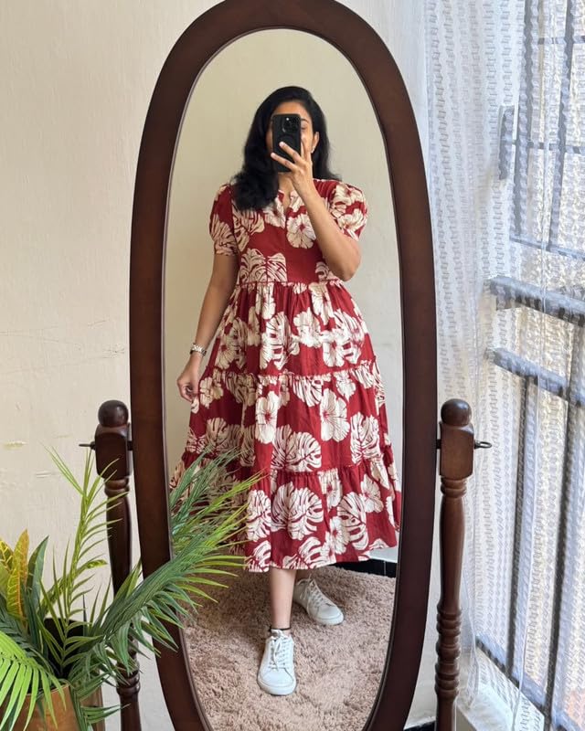 Image of Floral Midi Dress for Women - Summer Boho Dress, Lightweight & Breathable, Elegant Floral Print, Casual & Vacation Outfit, Comfortable Flowy Dress for Women