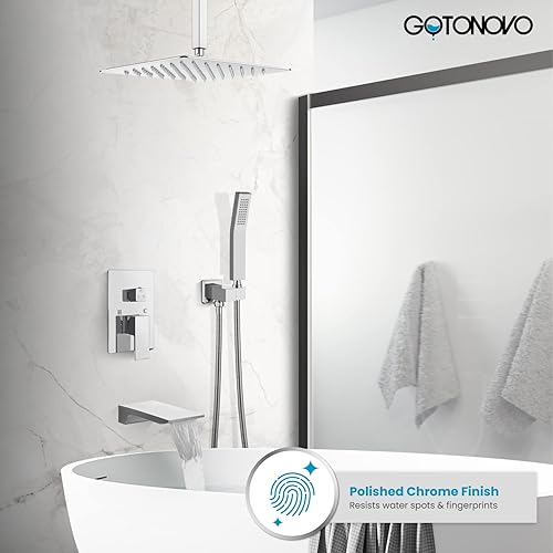 Miniatura 11 de gotonovo Juego de grifo de ducha mezclador de lluvia con boquilla de cascada, sistema de ducha de lluvia, montaje en techo, cabezal de ducha
