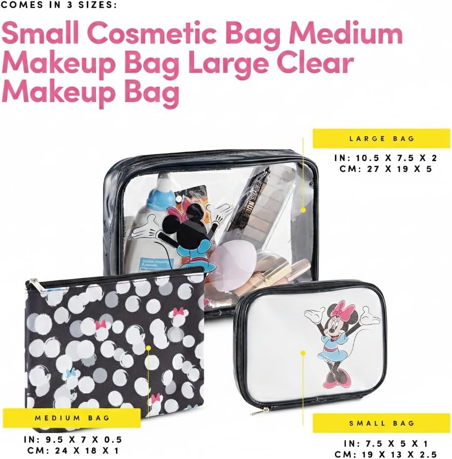 Disney Mickey Mouse Cosmetic Case Set - Officially Licensed Mickey and Minnie Mouse Travel Cosmetic Case 3 Piece Set - Girls, Boys, Teens, Adults (Black Minnie)