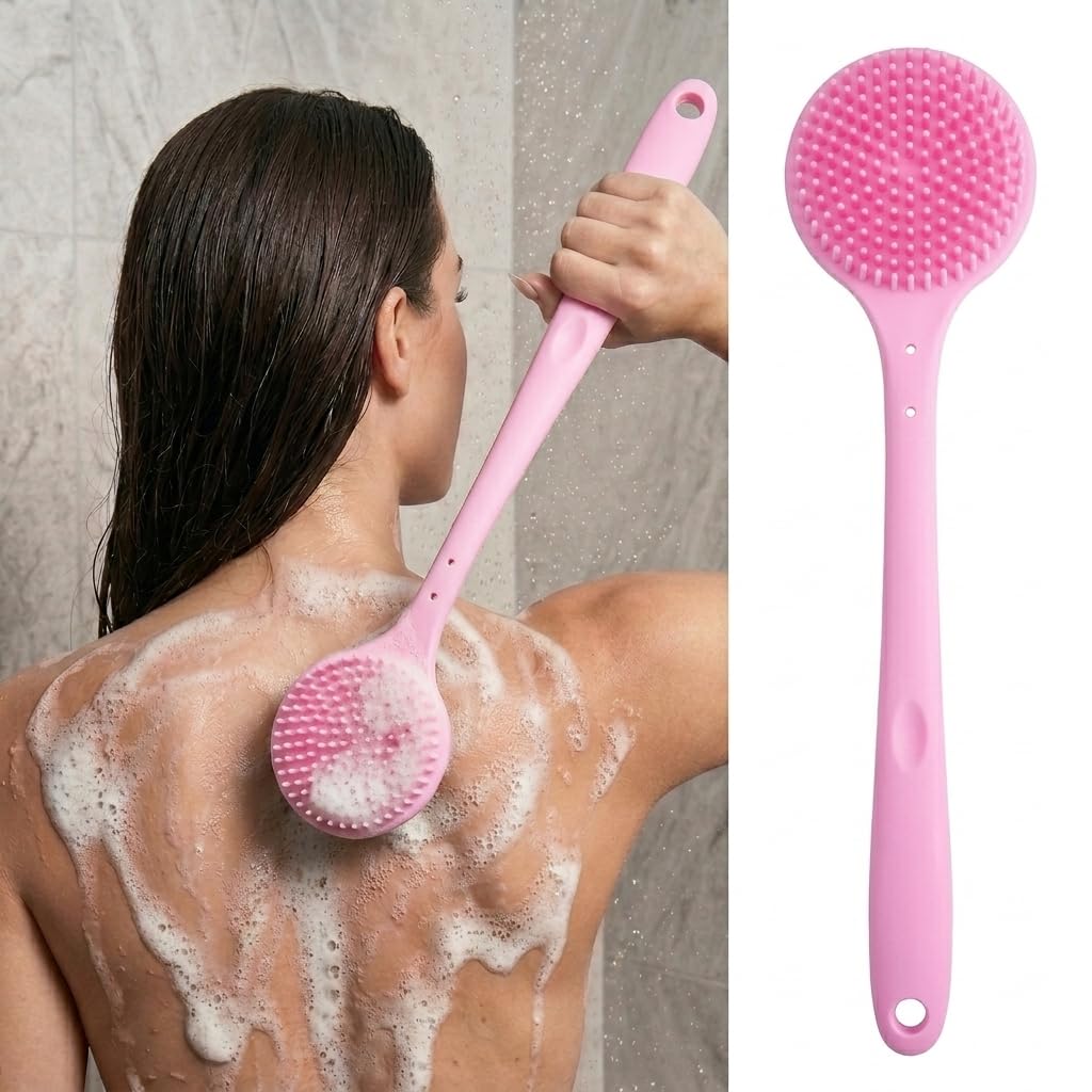 Jpiez Long Handle Silicone Back Scrubber Brush for Shower Bath, Round Head, Deep Cleansing Body Massage Multicolor (Pack of 1)