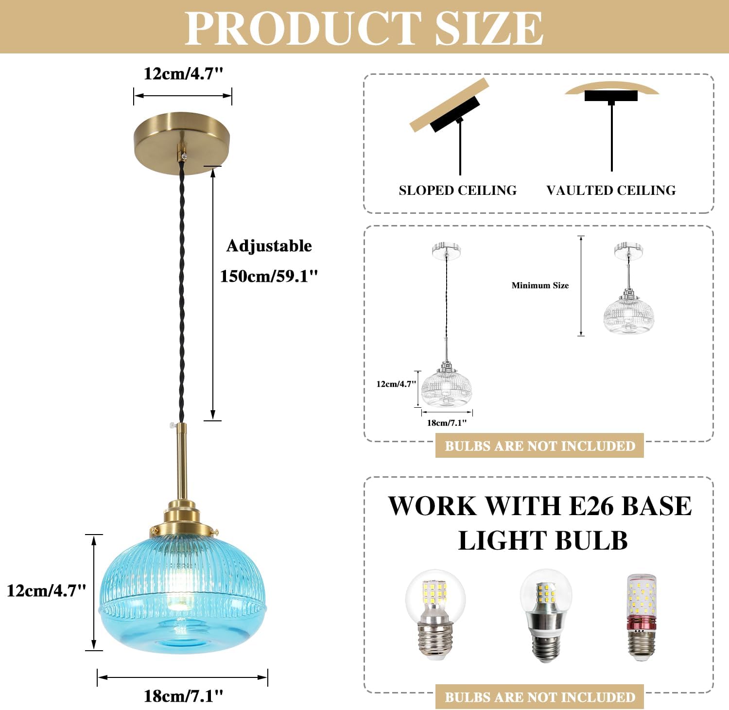 KCO Lighting Large Glass Pendant Lights Kitchen Island Pendant Light Blue Hanging Lights Fluted Glass Hanging Pendant Light Gold Dining Room Hanging Light Fixtures 3 Pack