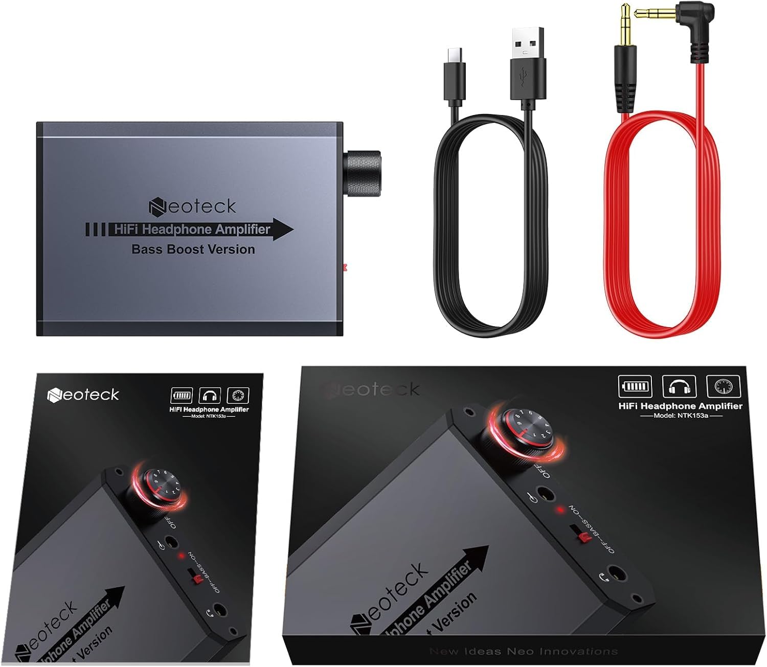 Neoteck Wzmacniacz słuchawkowy, przenośny, 3,5 mm, ładowany dźwięk, wzmacniacz słuchawkowy HiFi, z baterią litową i aluminiową matową powierzchnią