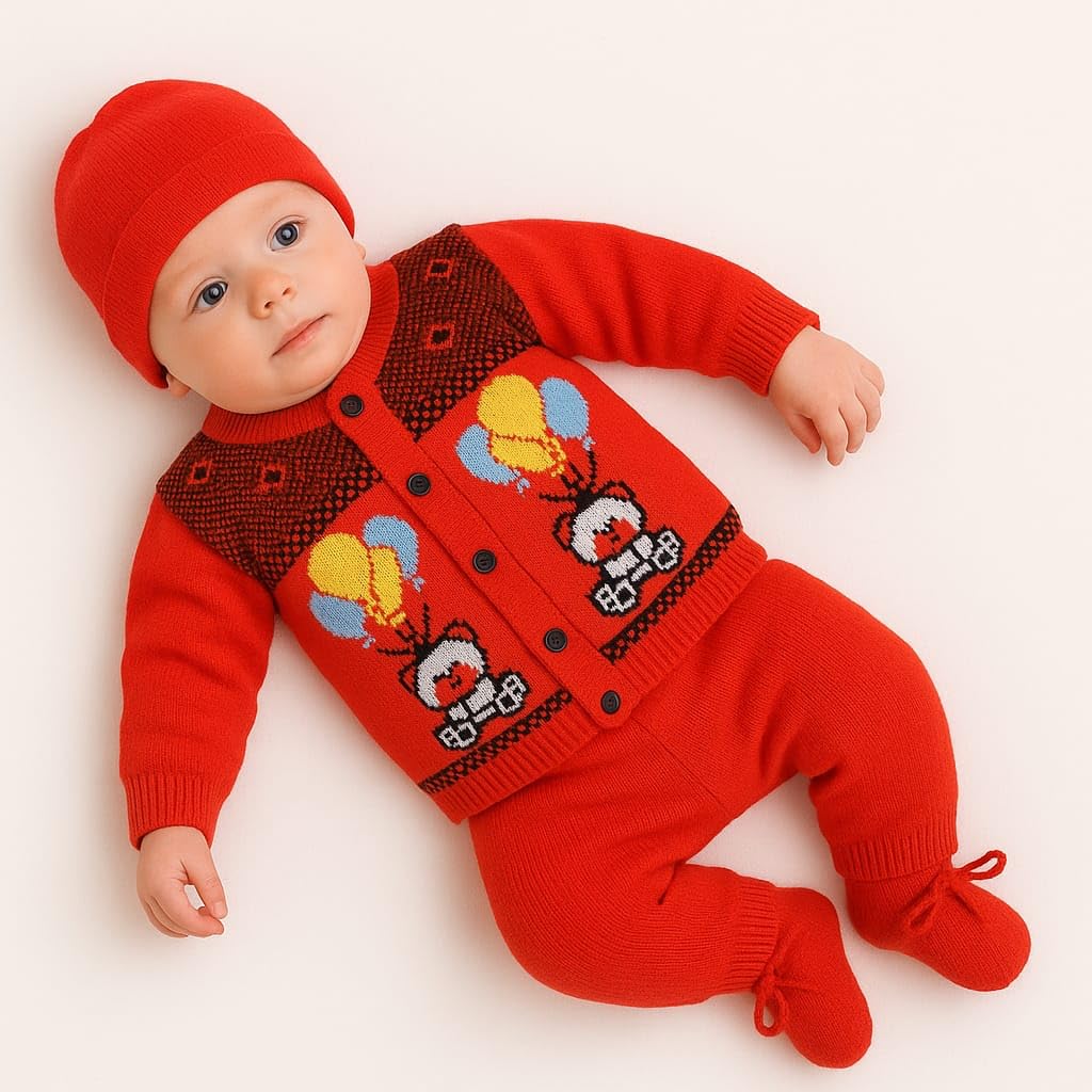 MOM & SON Baby Woolen Winter Wear Set for 0-6 Months | Knitted Sweater, Pant, Cap & Booties | Newborn Baby Woolen Dress Set for Boys & Girls | Warm Winter Clothing Combo (0-6 Months) - Image 3 thumbnail
