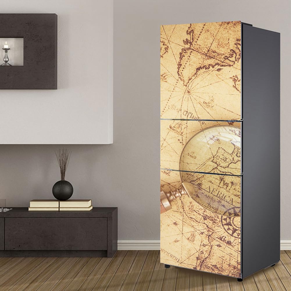 Fridge Wraps Kitchen Fridge Stickers Cover Full Doors, Fridge Sticker Full Covering Door Fridge Covers Skins Wall Stickers for Kitchen Decal, Retro Navigation map Vintage