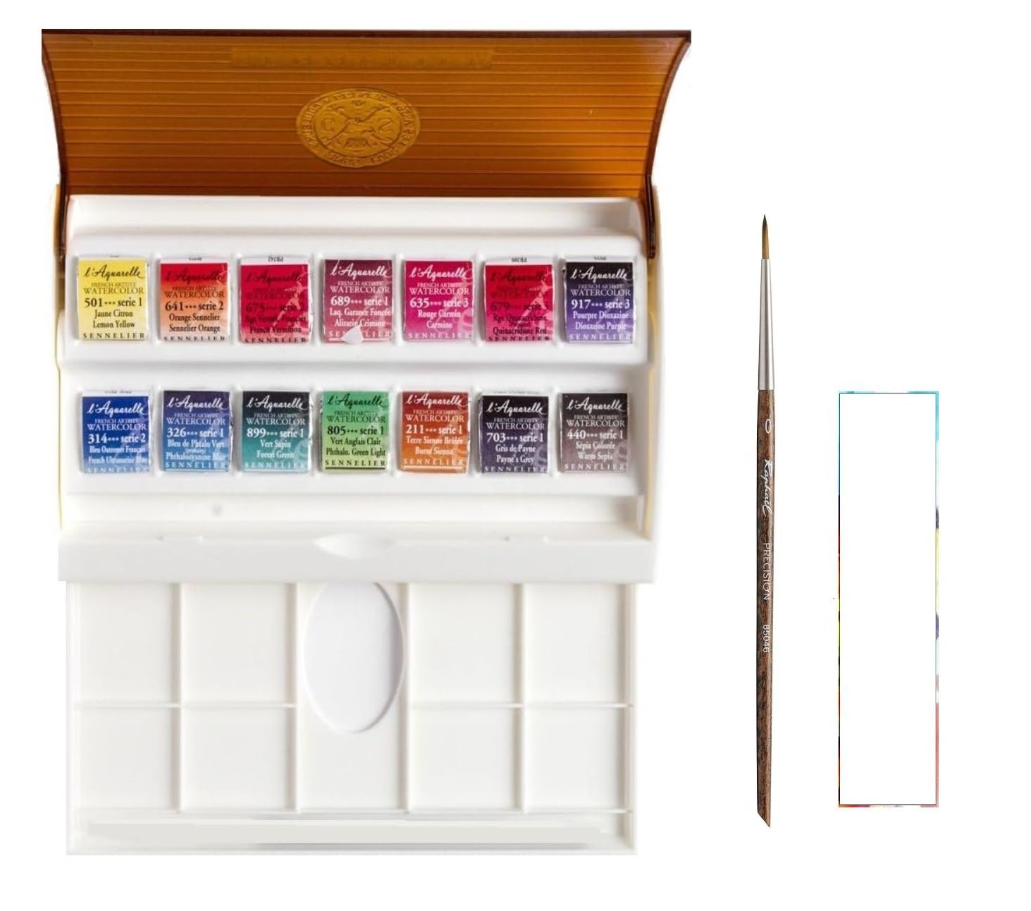 Sennelier Boîte de Peinture Aquarelle Extra-Fines,14 Demi-Godets. Boîte en métal. avec Pinceau et 1 Carte