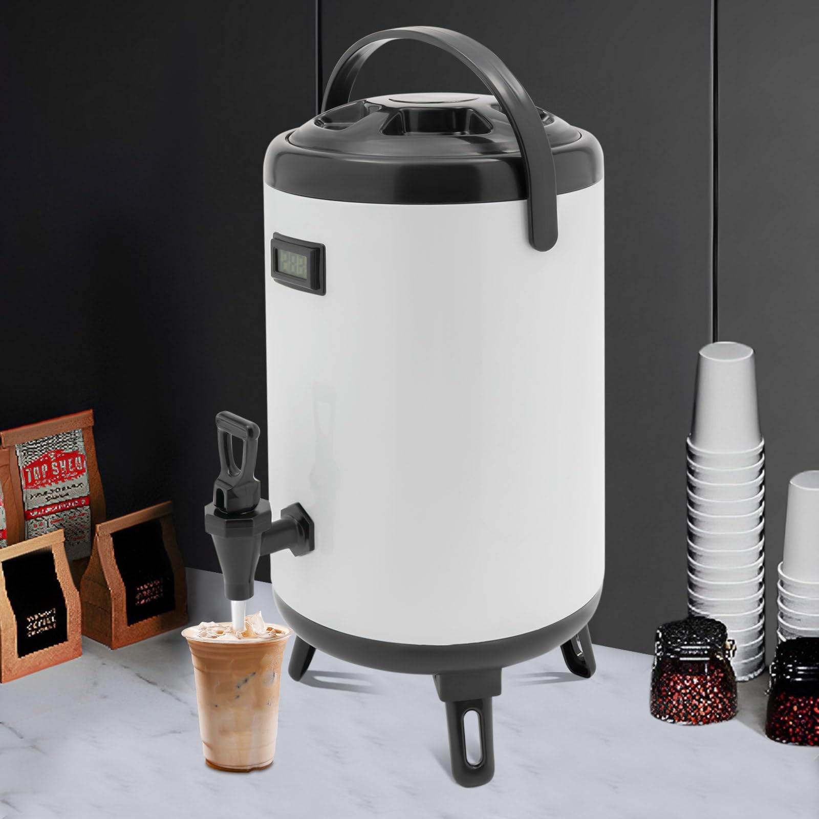 Distributore di bevande isolato in acciaio inox, 10 l, distributore di bevande calde e fredde, con termometro elettronico, rubinetto per caffè, tè al latte, succhi di frutta, termico, 12 ore (bianco)