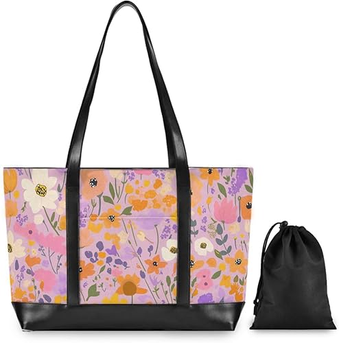 Miniatura 2 de KLL Colorful Floral Pattern Watercolor trendy canvas laptop tote bag with zipper laptop travel bag Large Handbag for office with tablet maletin