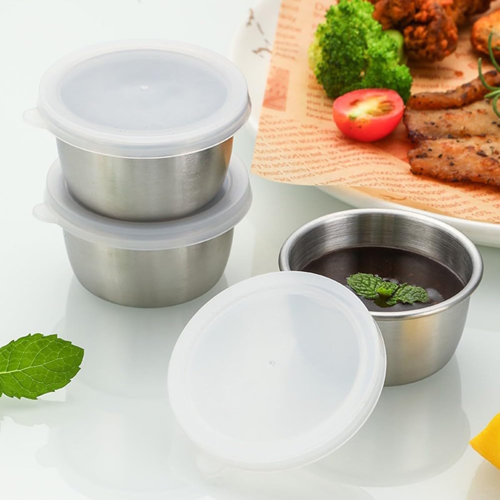 Set mit 6 Edelstahl-Saucenbechern, 40 ml, Edelstahl-Schüssel-Set mit Deckel, stapelbare Aufbewahrungsschüssel-Set für Snacks, Soßentöpfe, Gewürzschalen, Dipschalen