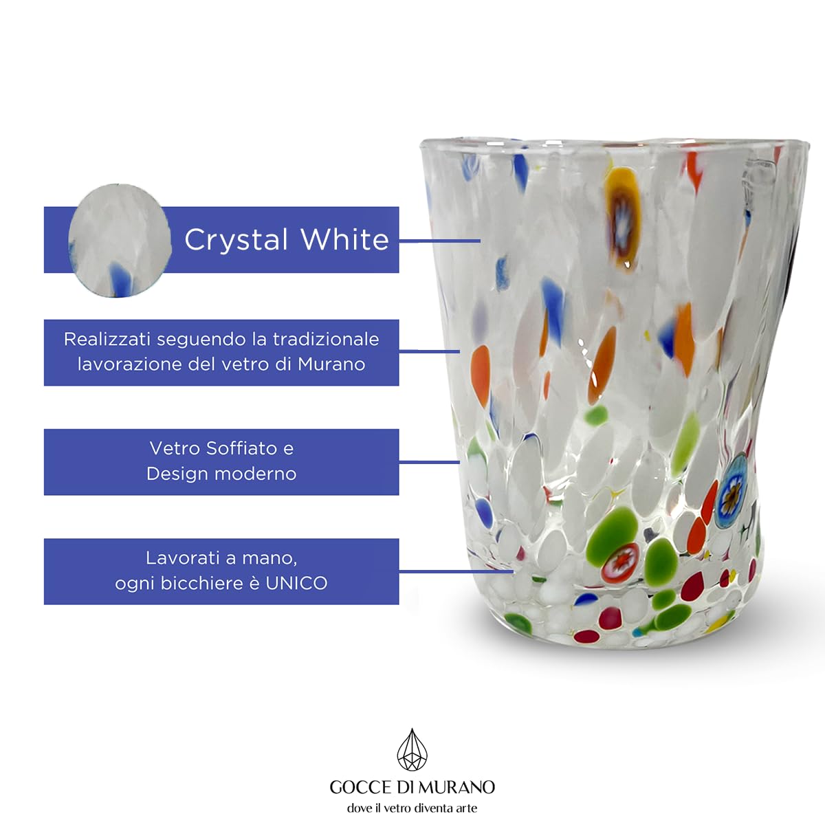 Gocce di Murano set 6 bicchieri Goto in vetro di Murano soffiato 300ml lavorazione a mano colorati confezione 6 calici per acqua eleganti e preziosi Made in Italy (Crystal White, 6)
