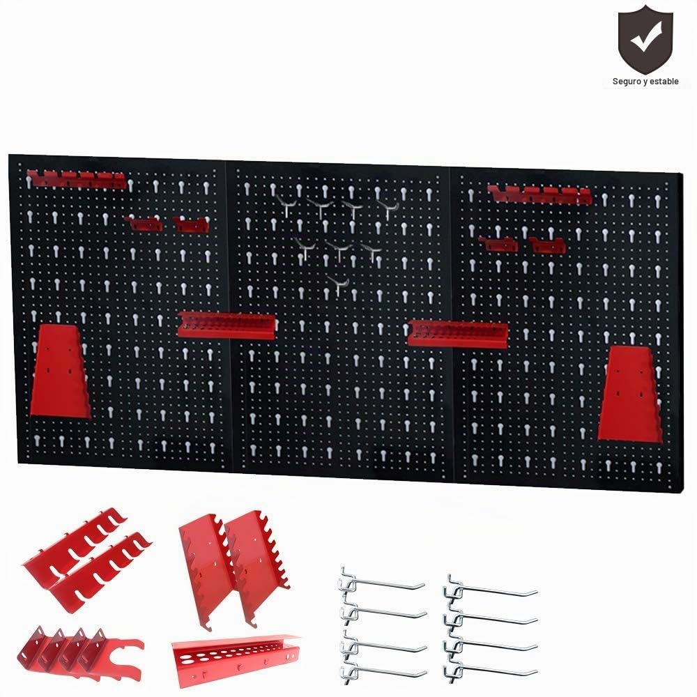 UISEBRT - Panel perforado para herramientas (metal, 3 piezas, con 17 ganchos, para taller, estantería de pared, banco de trabajo)