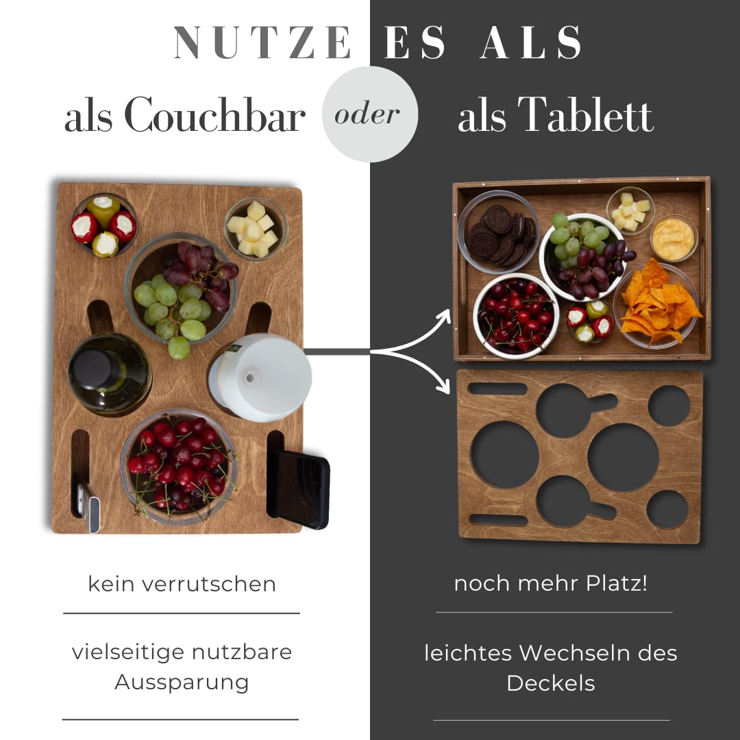 ALL IN ONE Couchbox mit 4 Glasschalen | Couchbar Snackbox personalisiert | Snackbar für die Couch | Couch Tablett mit Getränkehalter | Sofabar | Couch Butler für Kaffeetassen und Weingläser