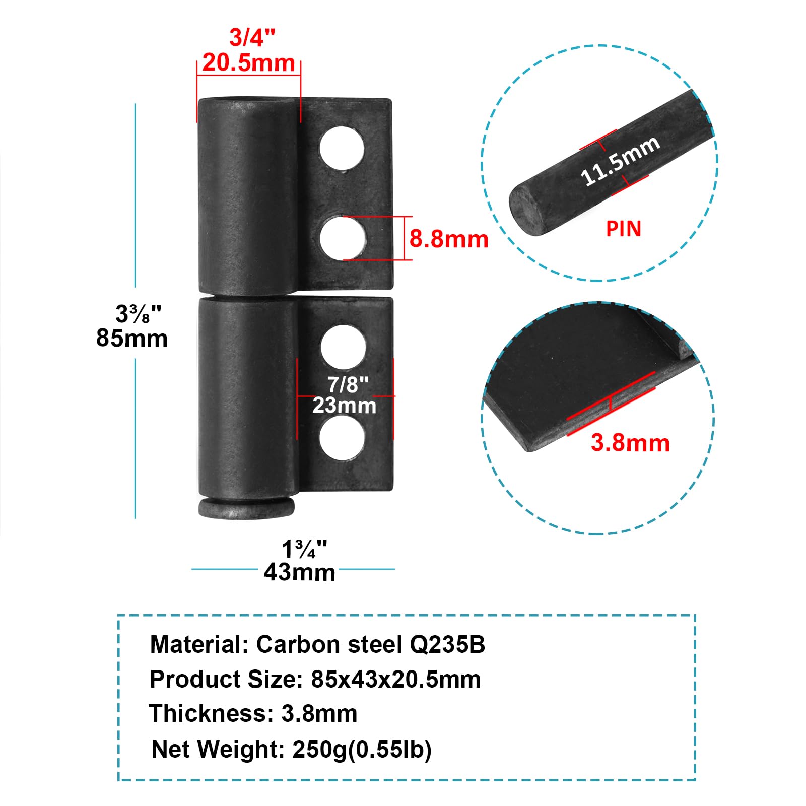 Eoere 8-Pack Black Lift-Off Flag Hinges - Aluminum Alloy, 110 Lb Load, 4-5/8" X 3-3/4"