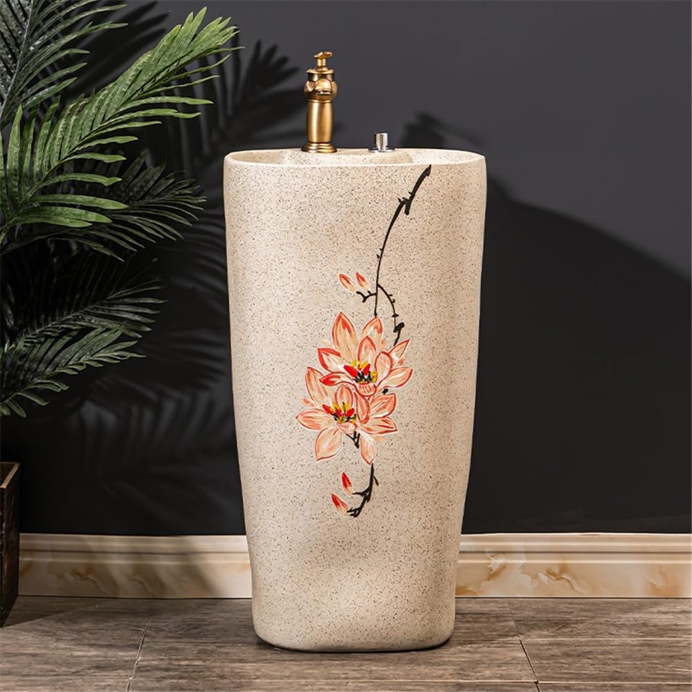 Lavello a colonna in ceramica con rubinetto e scarico, elegante lavabo da pavimento per uso domestico ed esterno, design salvaspazio, facile installazione e moderno