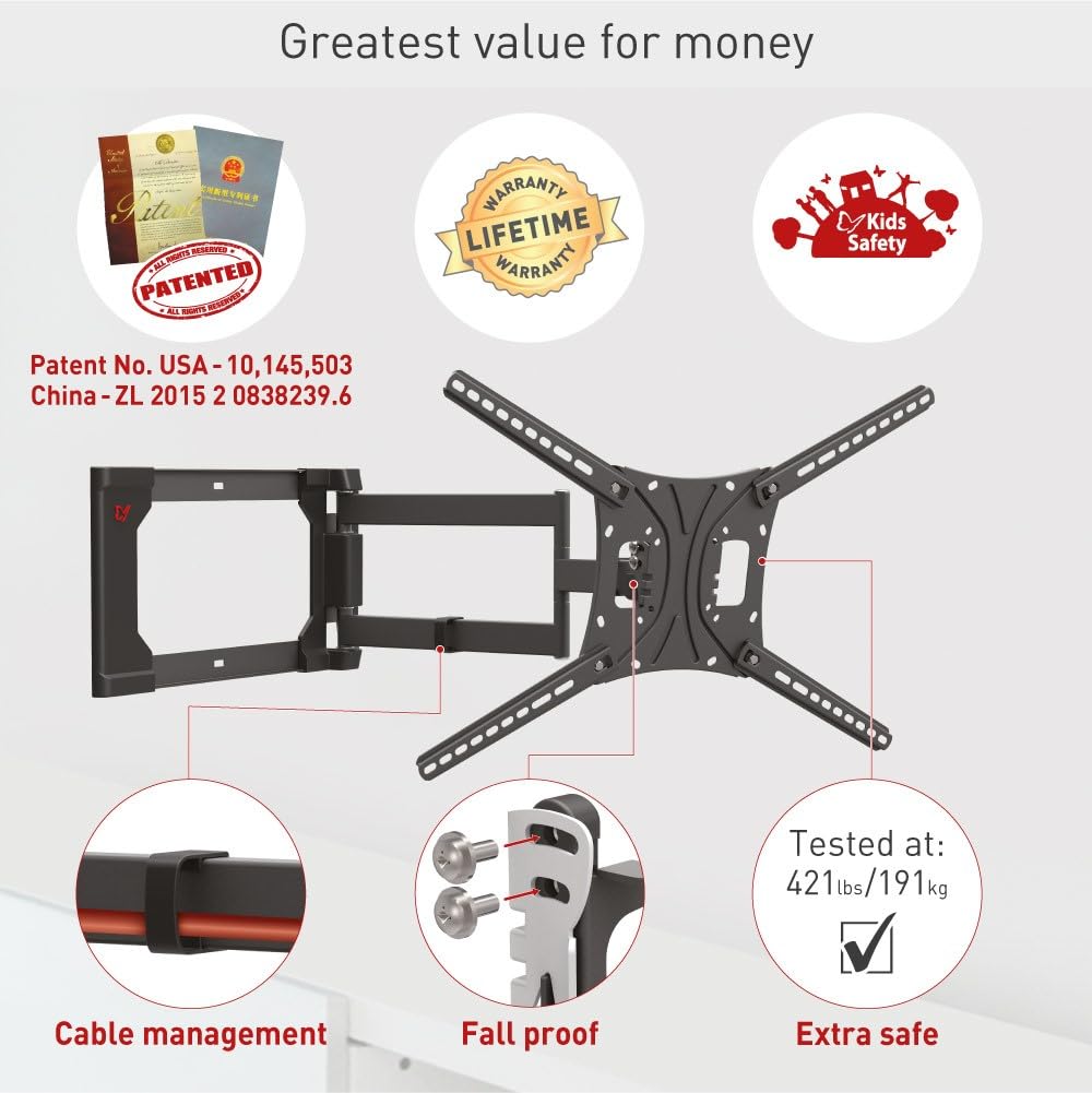 Barkan Soporte TV de Pared 64cm de Largo Inclinable y Giratorio, Articulado para Pantallas de 13-86 Pulgadas, Peso máximo 50Kg, Bloqueo, Extra Estable, para LED OLED LCD, hasta VESA 600x400