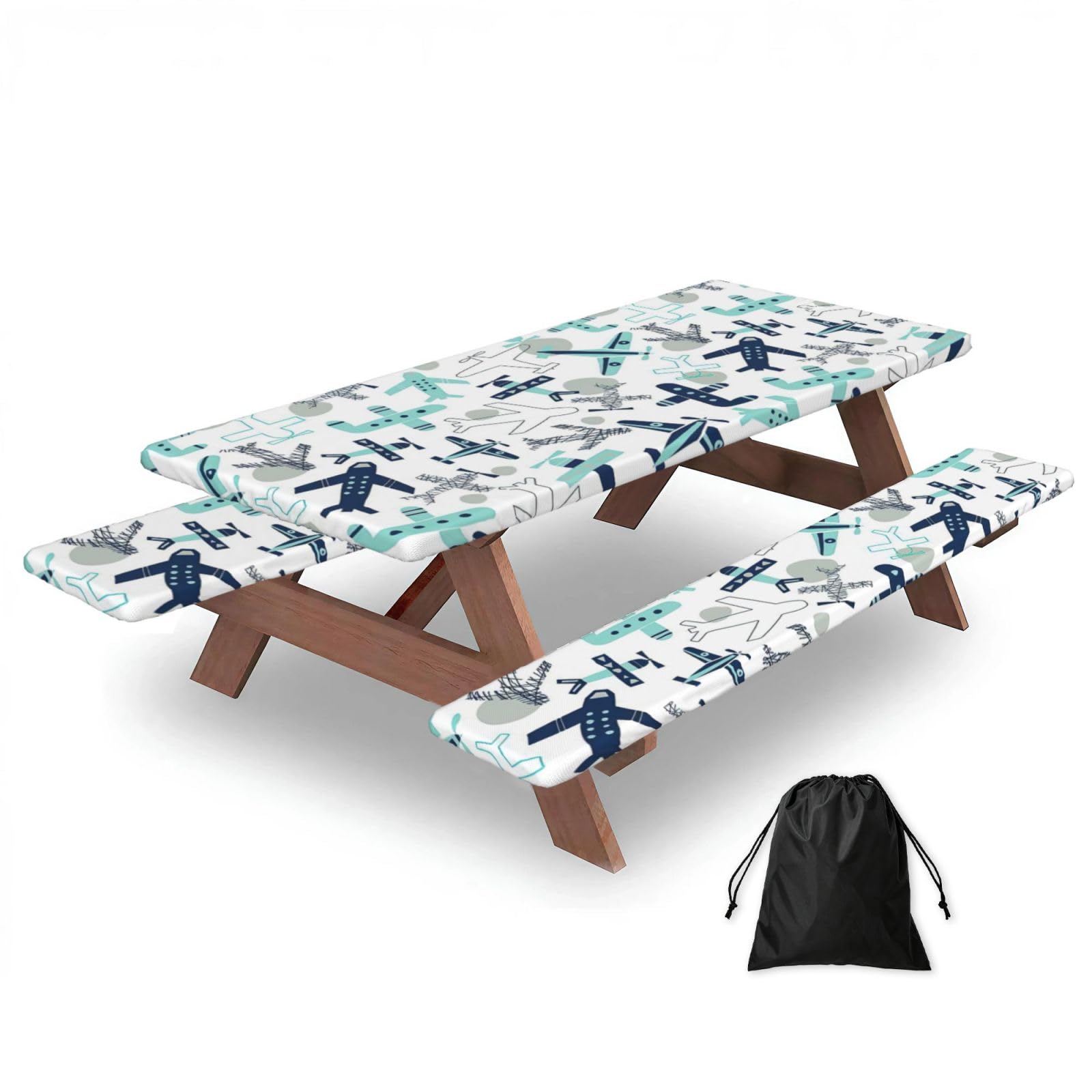Duwaa Black Airplane Print 183Cm Picnic Table Cover With Bench Covers, Waterproof Elastic Tablecloth Set For Outdoor