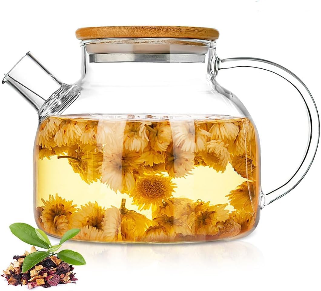 1L Borosilicate Glass Transparent Teapot | Stovetop Kettle with Bamboo Lid and Removable Filter Spout | Perfect for Tea and Coffee-image-19