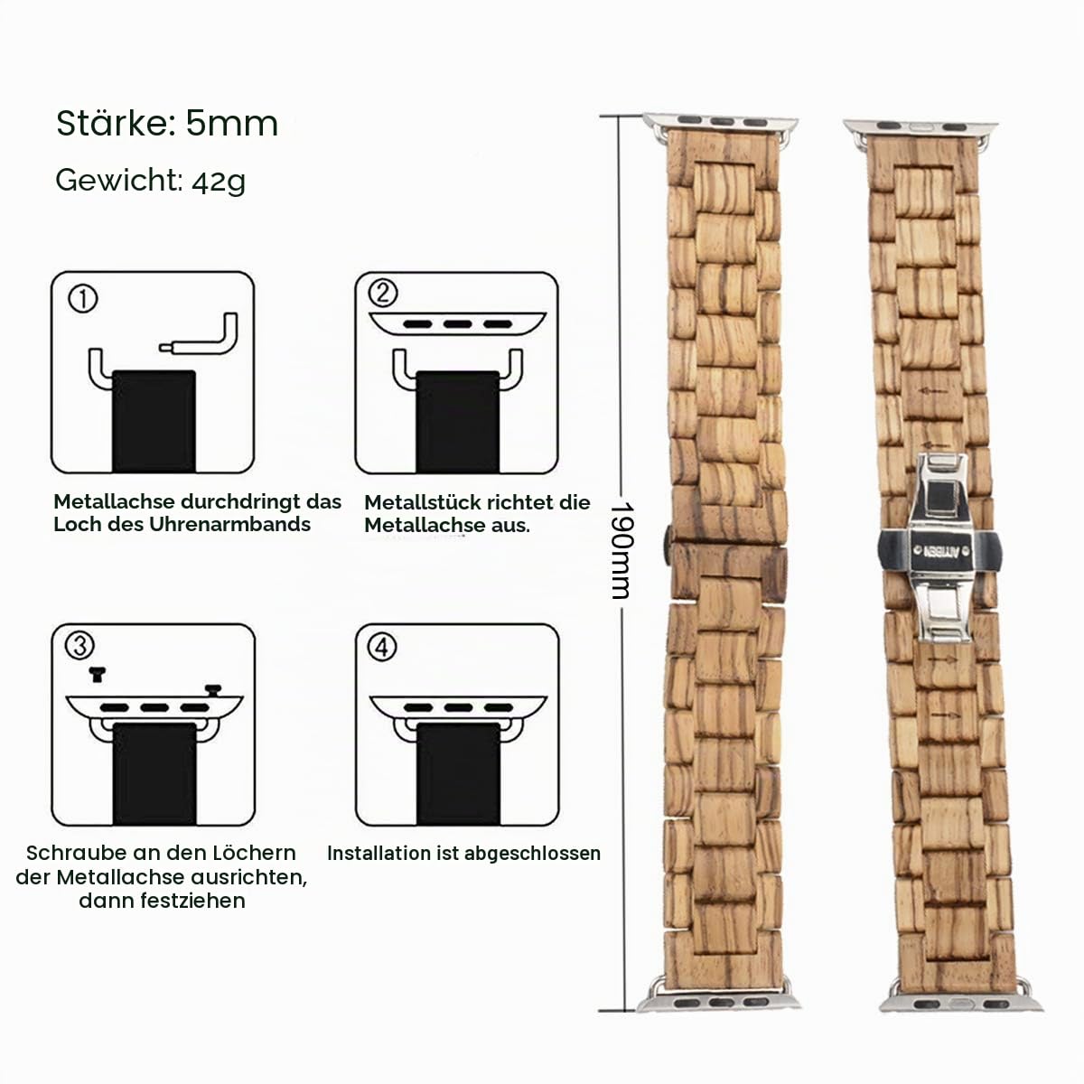 Uhrenarmband aus Holz, 42 mm, 44 mm, 45 mm, 49 mm, mit Edelstahl-Schmetterling-Schnalle, kompatibel mit iWatch Ultra 2, SE, Serie 9, 8, 7, 6, 5, 4, 3, 2, 1
