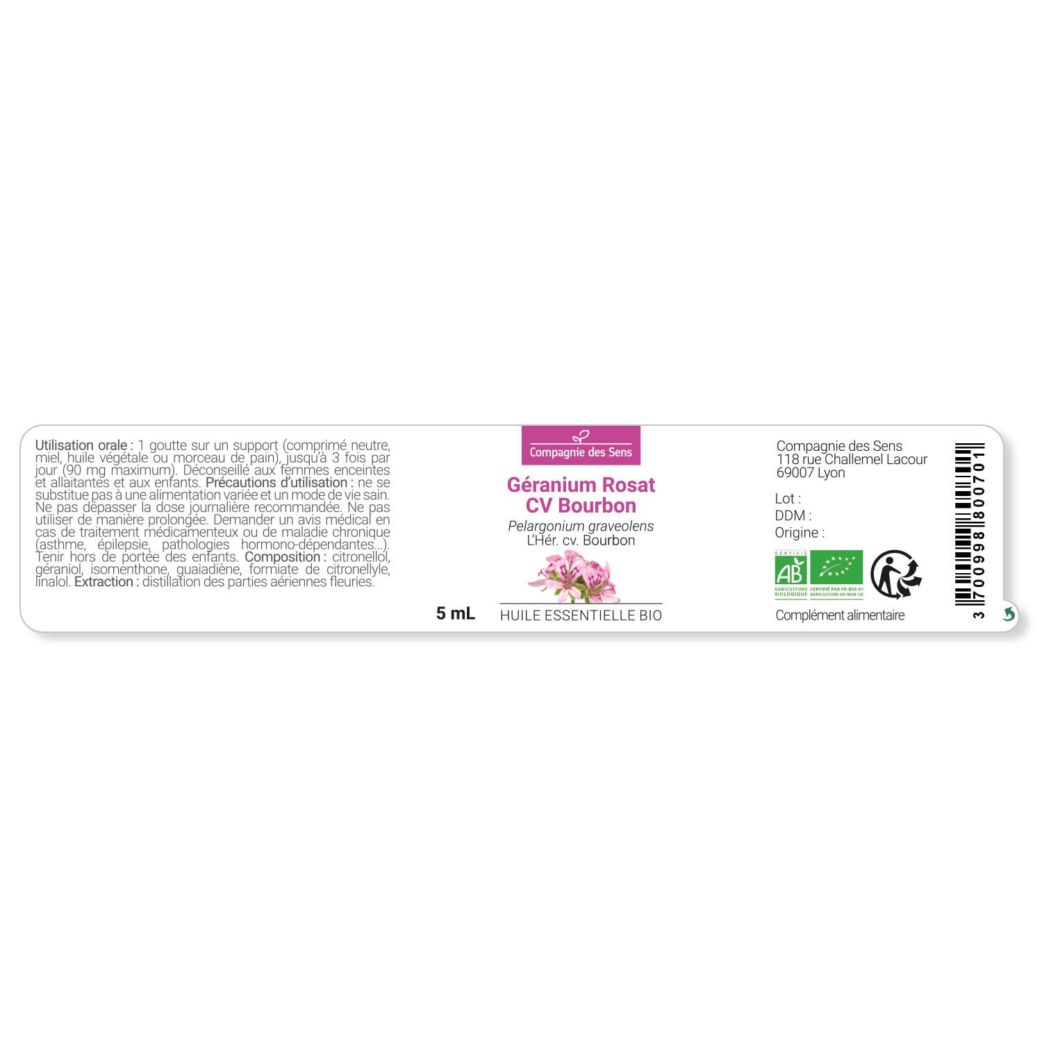 Geranio Rosado CV Bourbon BIO – 100 mL – Aceite Esencial Premium – 100% Puro, Natural – Garantía ChromaCert® – Quimiotipado e Integral