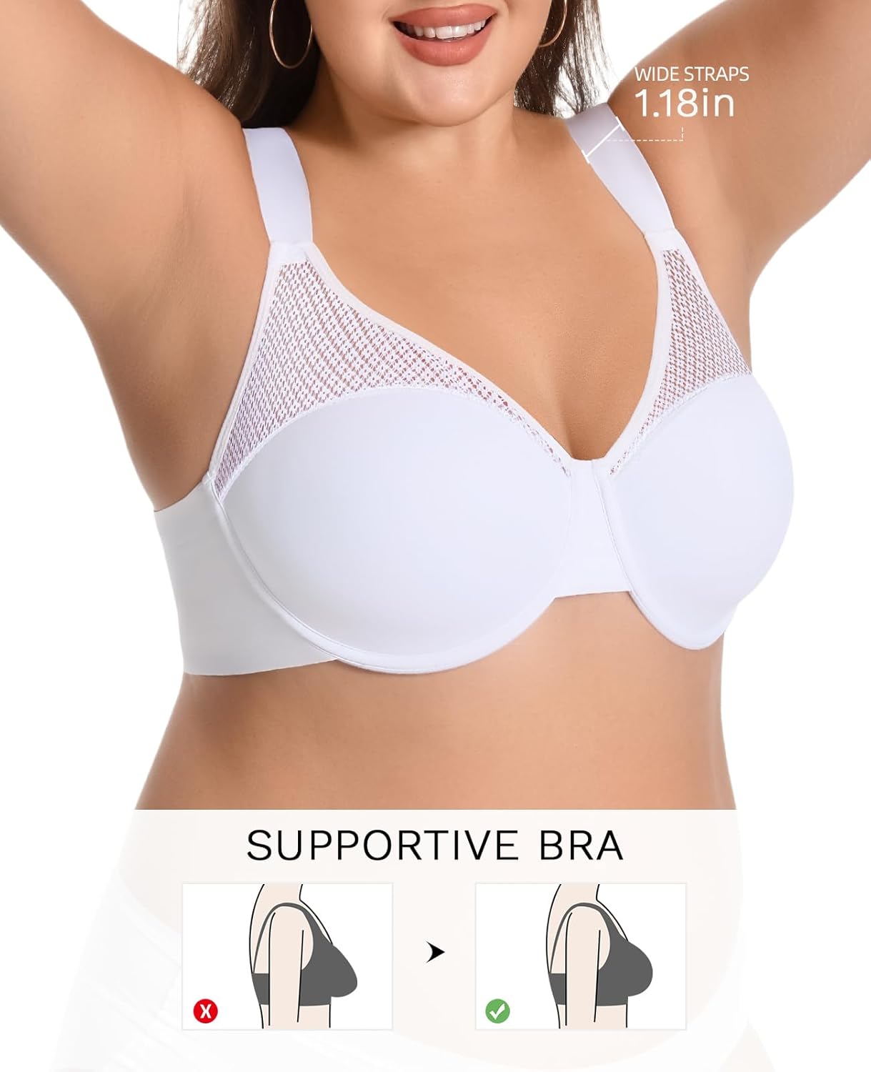 Minimizer Bras for Women Full Coverage Plus Size T-Shirt Bra with Underwire Support for Heavy Breast White 36E - Image 3
