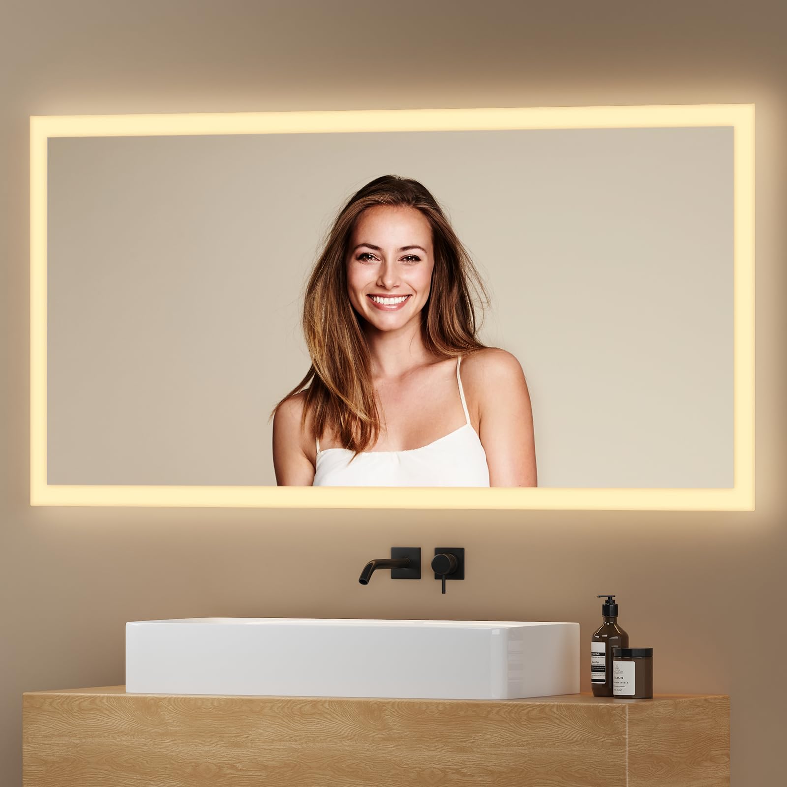 EMKE Specchio Bagno con Luce 45x60 cm con Interruttore a Pulsante, Antiappannamento,Due Colori di Luce Bianco Freddo/Caldo,Specchio Bagno LED
