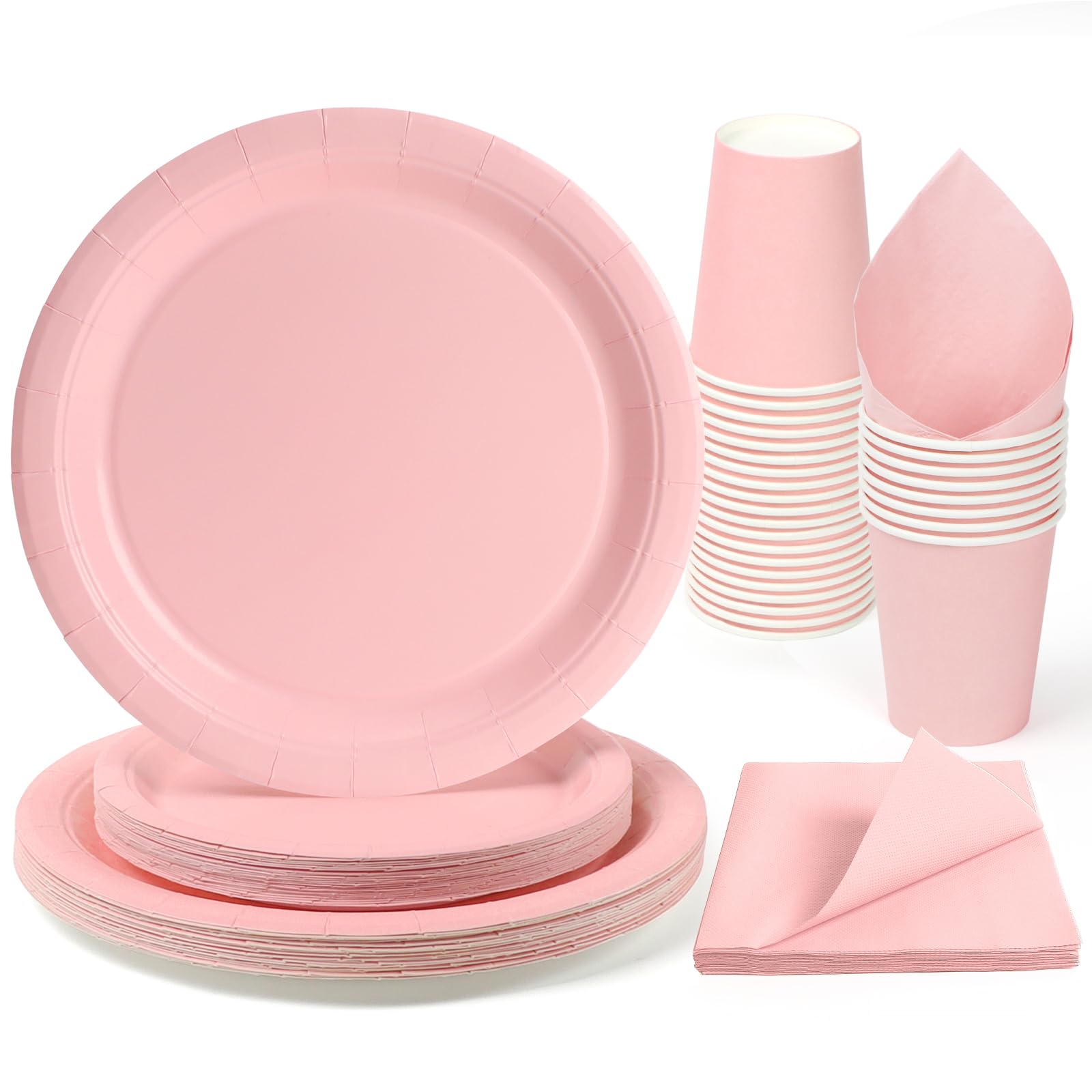 PARTY GO 96 Pcs Pink Paper Plates, Party Plates Cups and Napkins Disposable Party Tableware Set Supplies for Birthday Wedding Holiday Graduation Baby Shower Decorations Serve 24 Guests