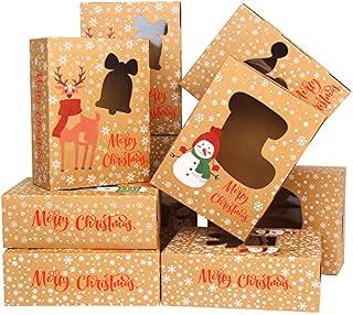 DIYASY 12Pcs Christmas Cookie Boxes Cupcake Boxes with Clear Window, Xmas DIY Gift Cake Boxes Treat Boxes for Holiday Christmas Party Favor